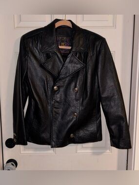 LNR Vintage Double Breasted Black Leather Jacket Silver Buffalo Coin Buttons